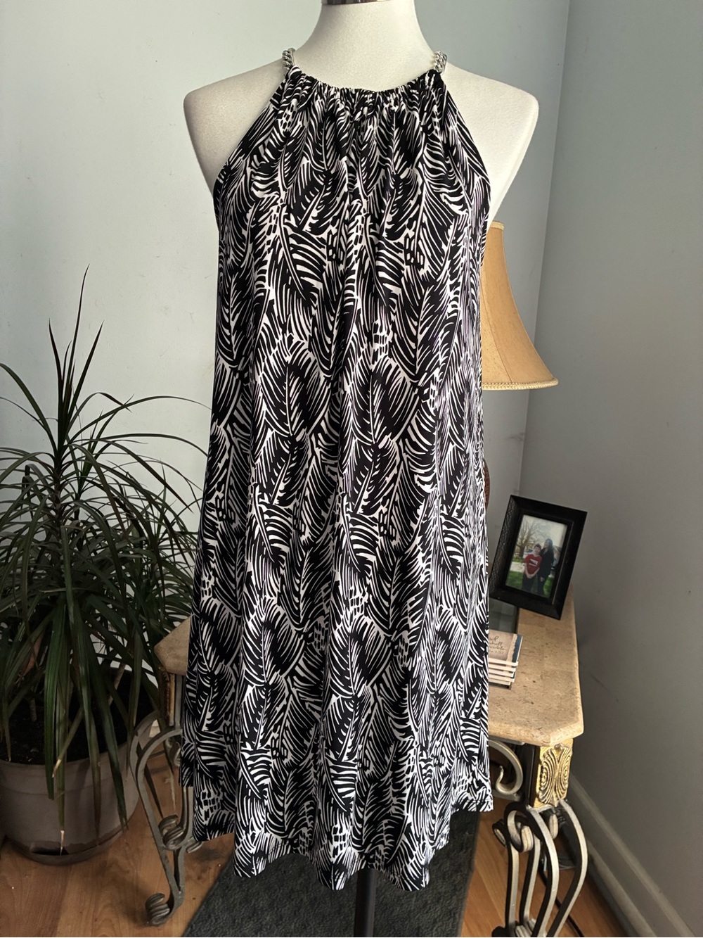 Michael Kors Palm Print Chain Halter Dress Size Large Summer Classic